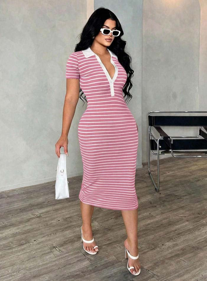 Polo Collar Striped Bodycon Midi Dress
