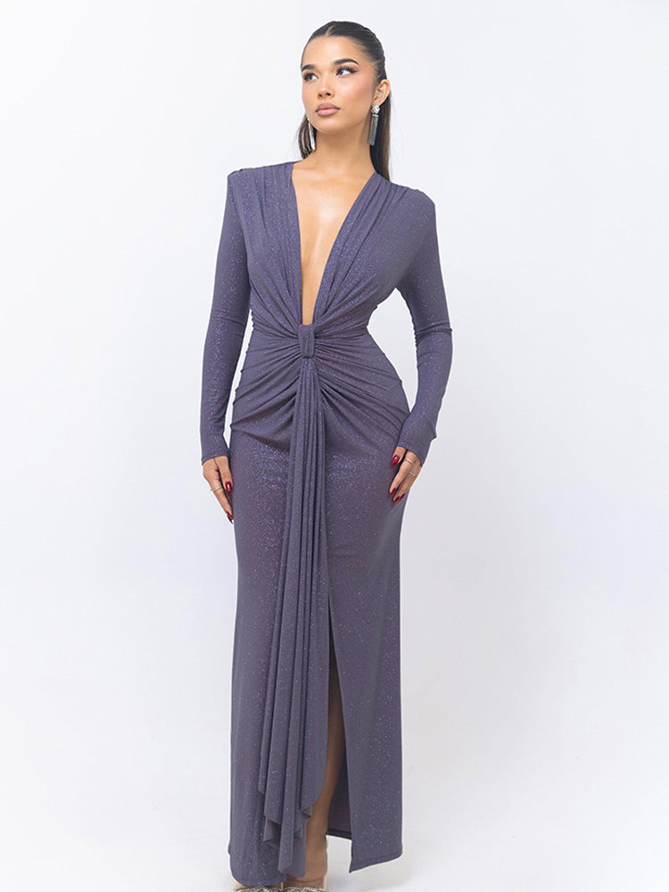 Cross-border Autumn and Winter Sexy Deep V-neck Sequin Strap Dress Dress Elegant Long-sleeve Split Slim-fit dress Party