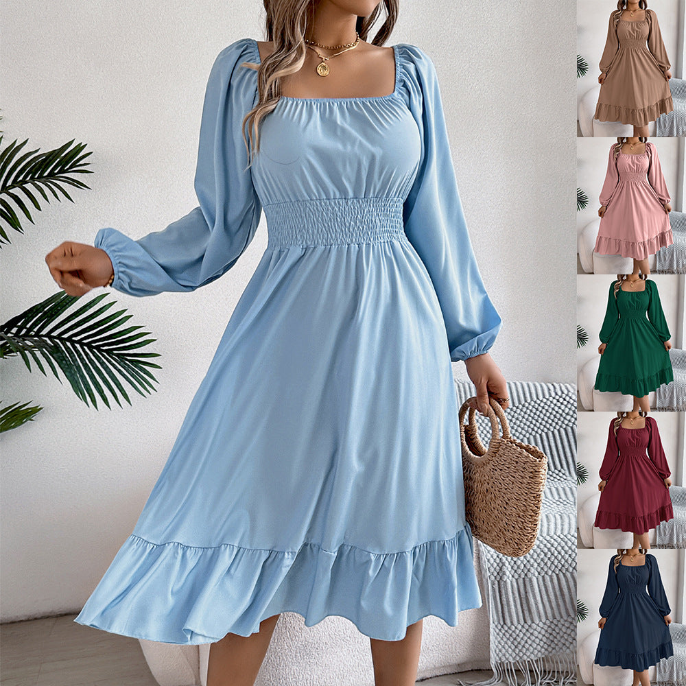 Casual Solid Color Square Neck Long Sleeve A-Line Dress