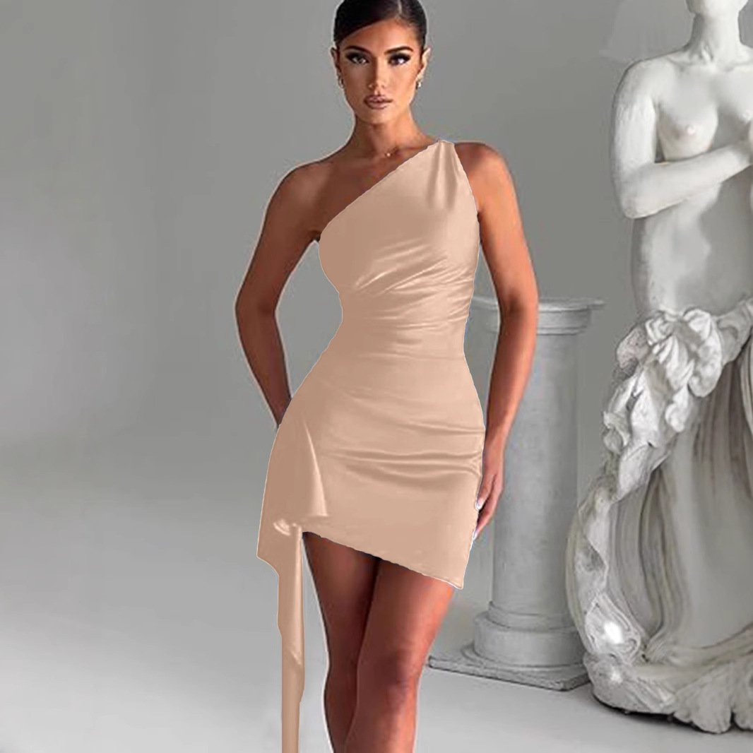 Single shoulder pleated slit dress