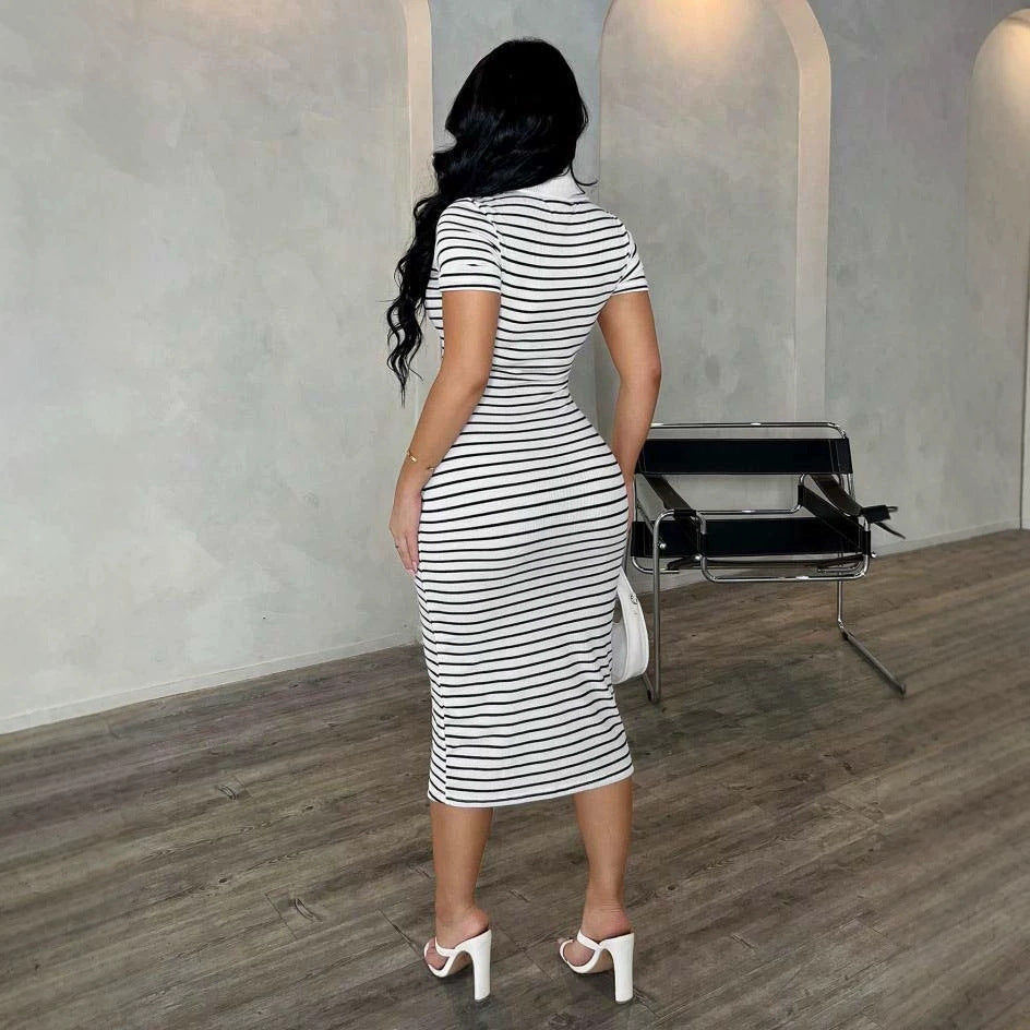 Polo Collar Striped Bodycon Midi Dress