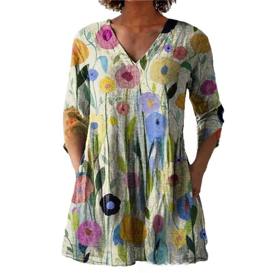 Women's Loose Digital Print V-Neck 3/4 Sleeve Tunic Top