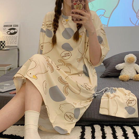 A girl in a sleeping dress with short sleeves