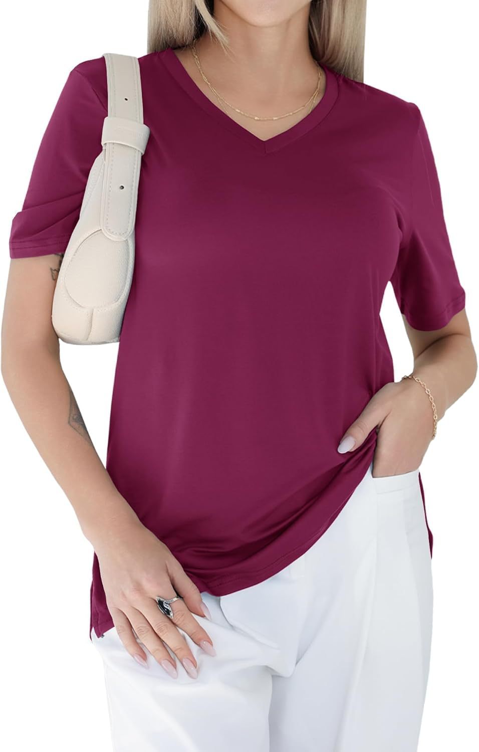 V-neck loose, straight-shoulder short-sleeved T-shirt