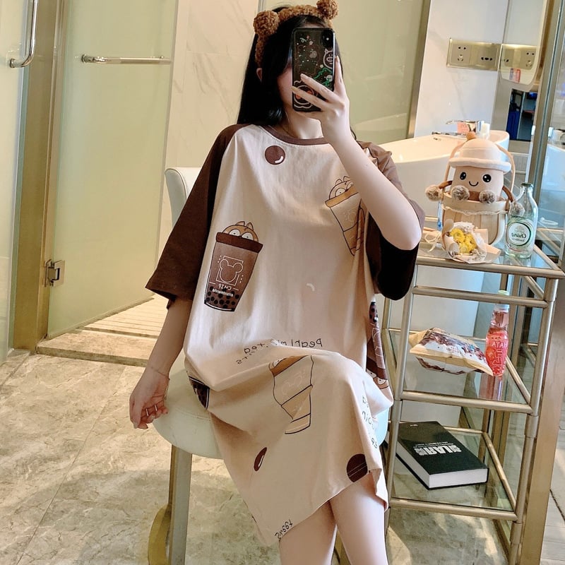 Women's Summer Cartoon Short Sleeve Pajama Dress - Loose Comfortable Home Wear