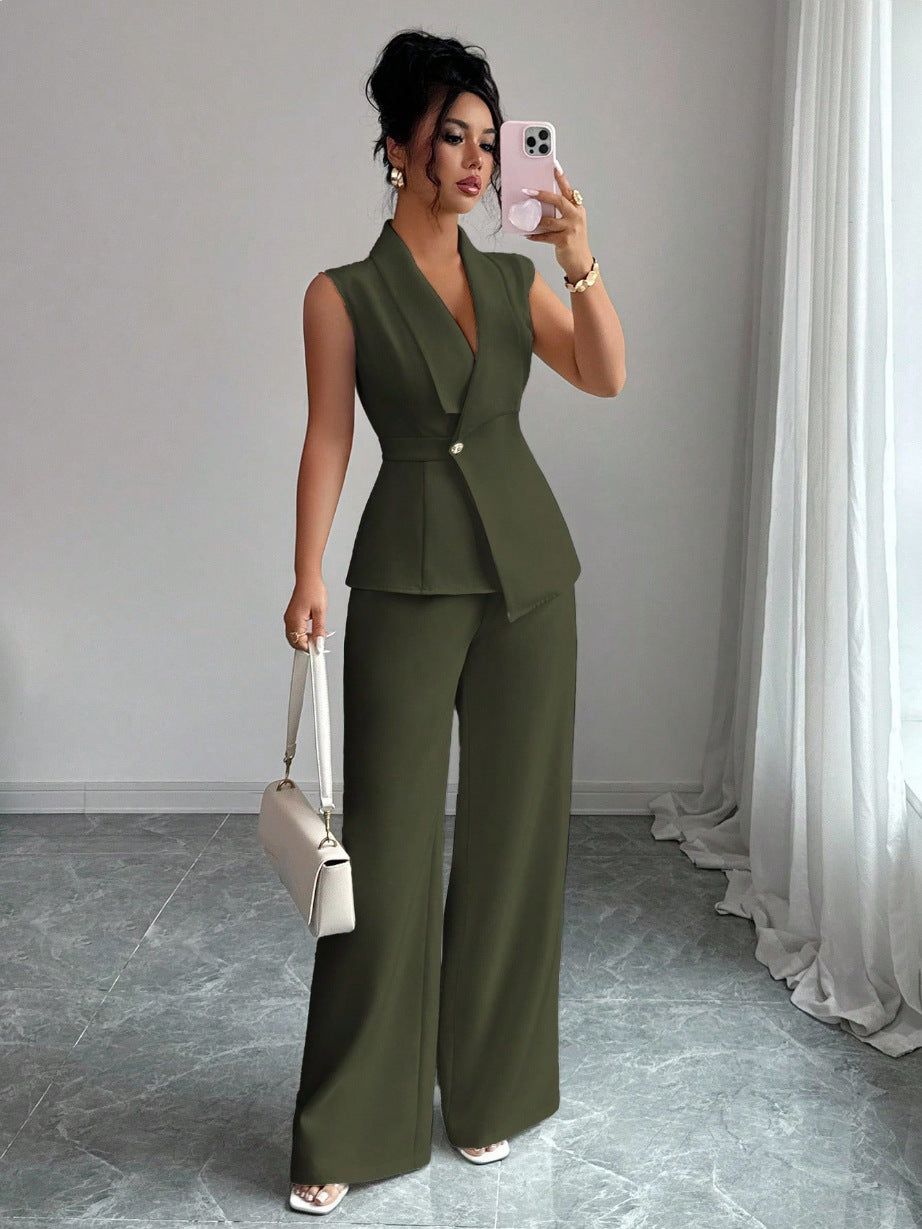 Women Sleeveless Suit and Straight Pants Two Piece Set