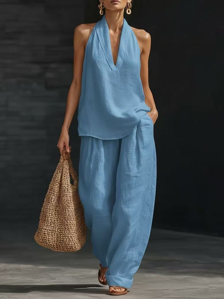 Womens Halter Neck Sleeveless Casual Two-Piece Set