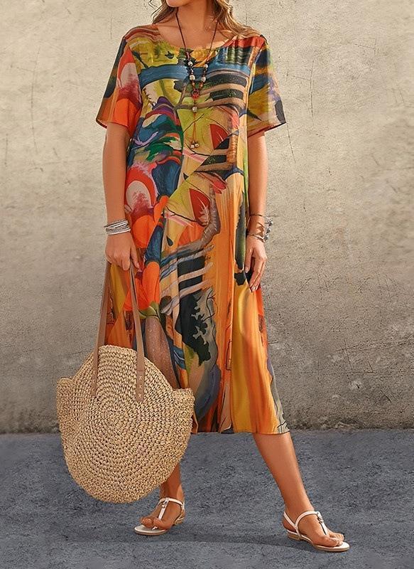 Waist Crewneck Loose Beach Long Dress