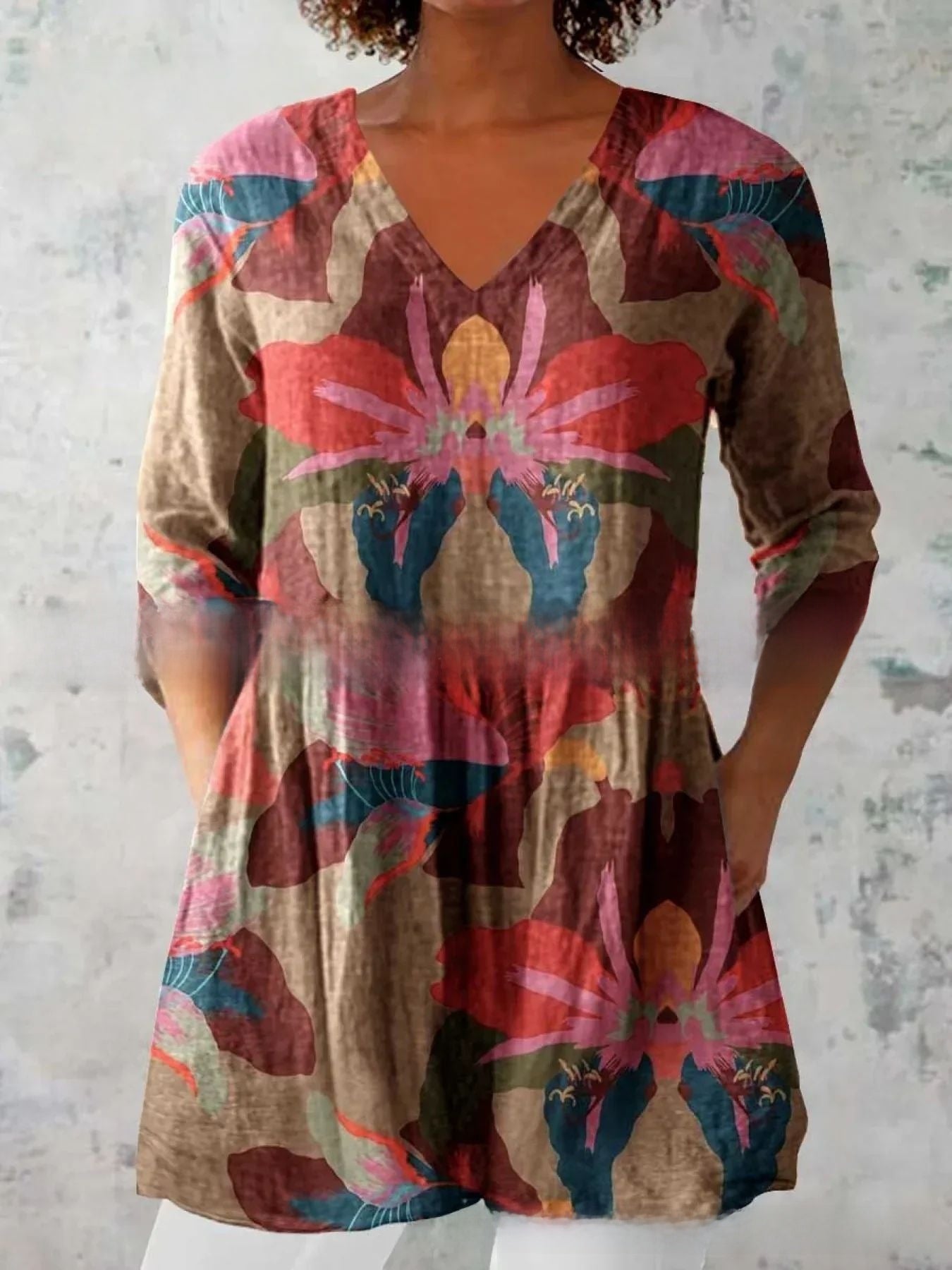 Womens Loose Digital Print V-Neck Short Sleeve T-Shirt