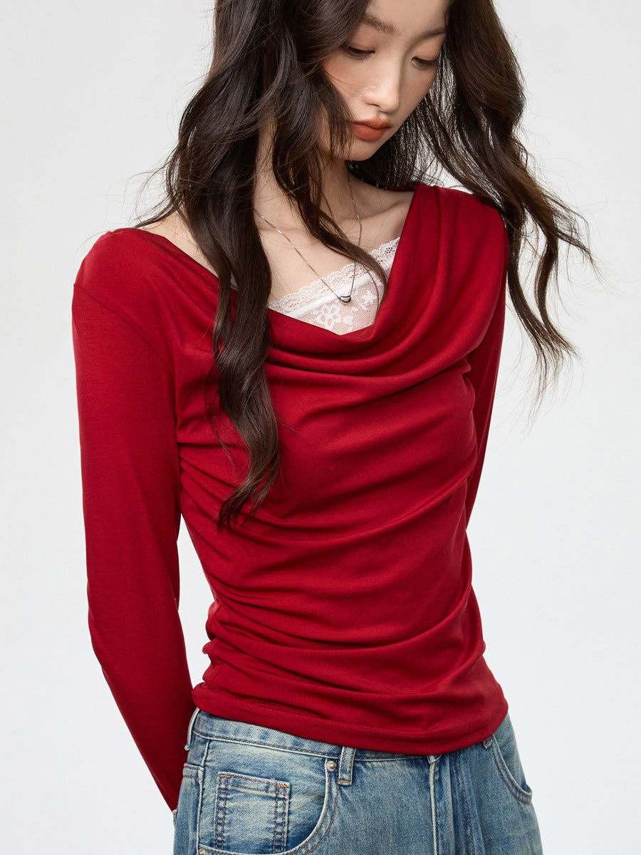 Swing collar stitching fake two-piece long sleeve