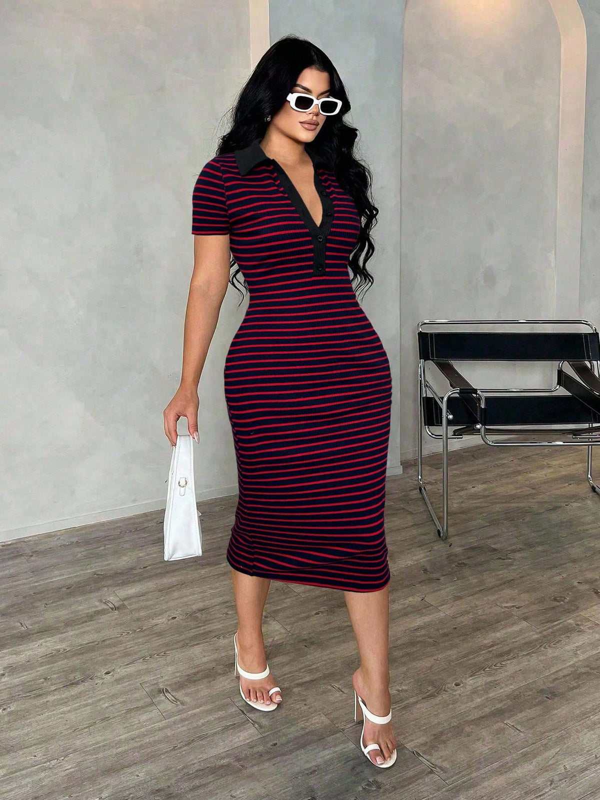 Polo Collar Striped Bodycon Midi Dress