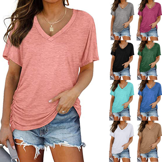 Solid-color batwing V-neck short-sleeved shirt