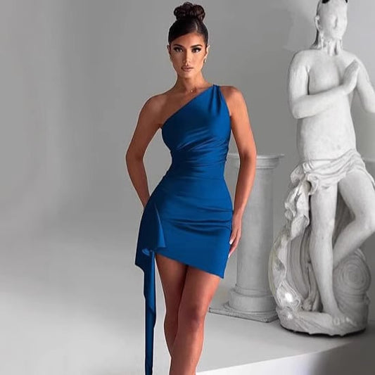 Single shoulder pleated slit dress
