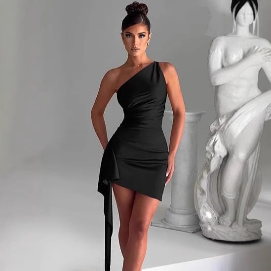 Single shoulder pleated slit dress