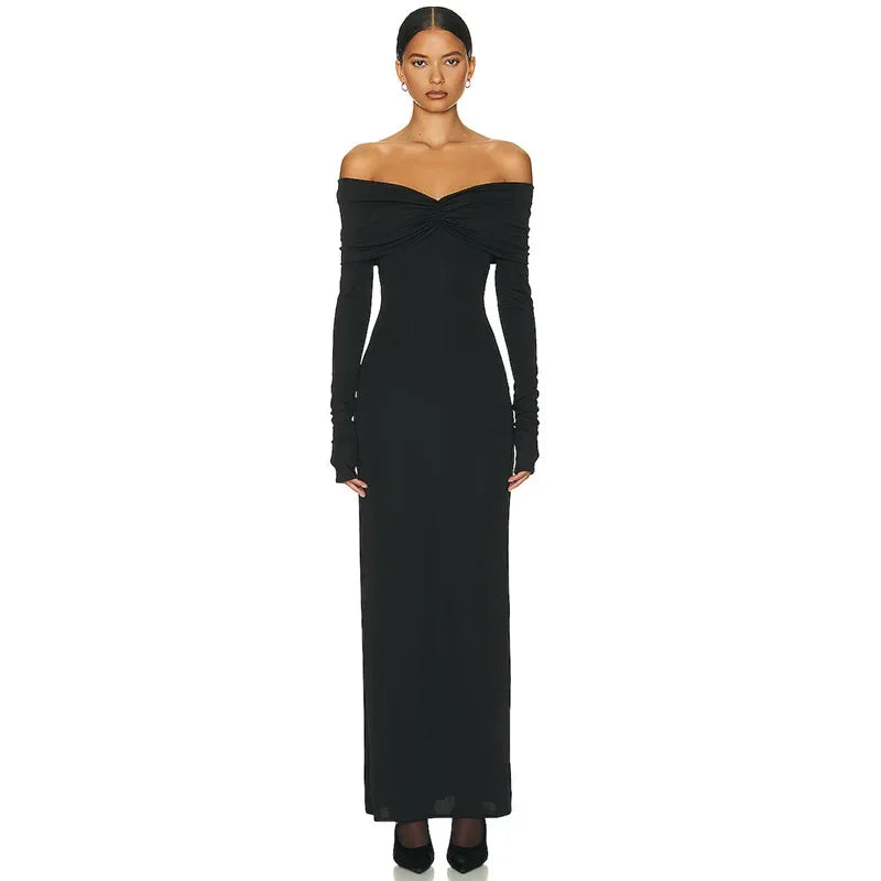 Solid-color sexy French one-shoulder strapless long-sleeved spring and autumn women's dress with pleated and elegant style