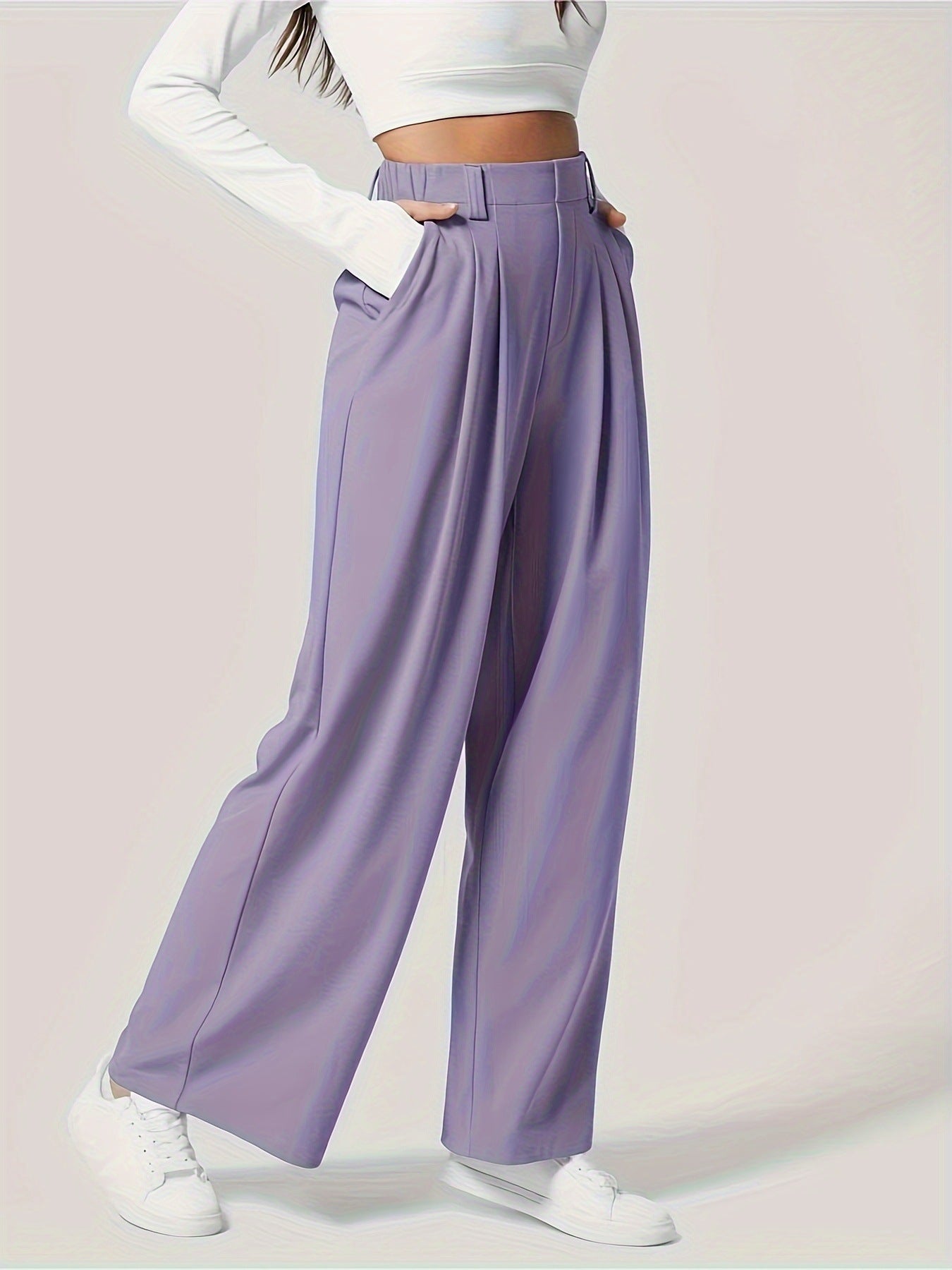 Women's High Waist Wide Leg Pleated Waffle Casual Trousers