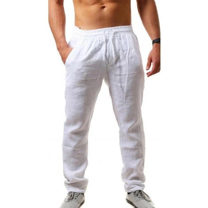 Mens Breathable Cotton Linen Casual Trousers