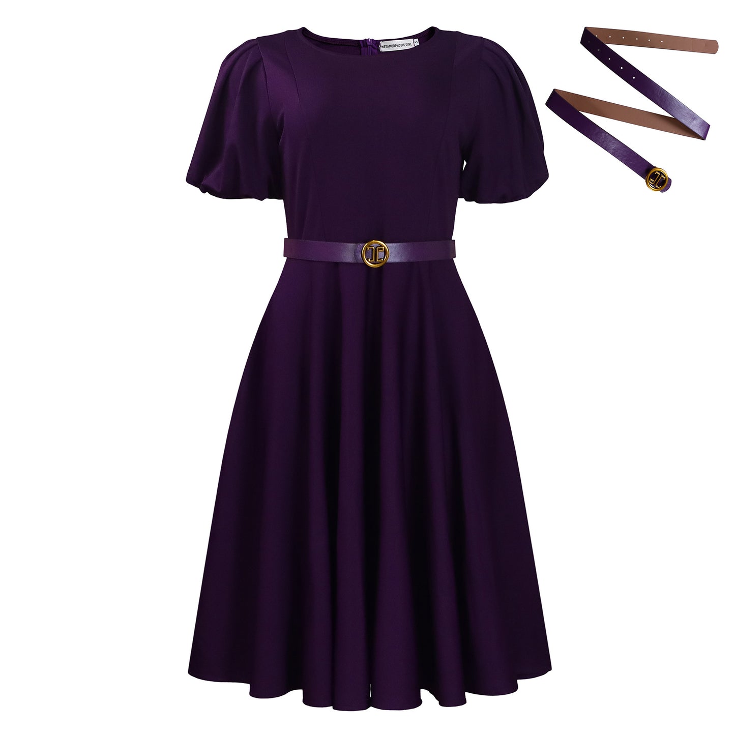 Puff Sleeve A-Line Dress with Matching Belt