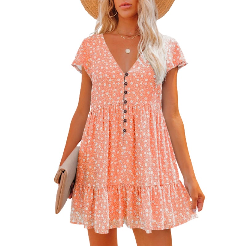 V-neck button small floral short-sleeved dress