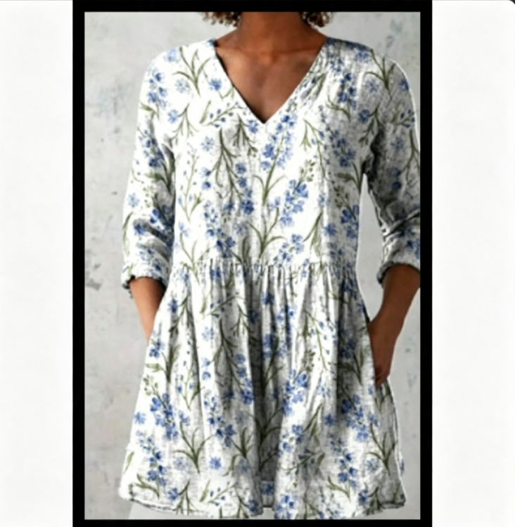 Women's Loose Digital Print V-Neck 3/4 Sleeve Tunic Top