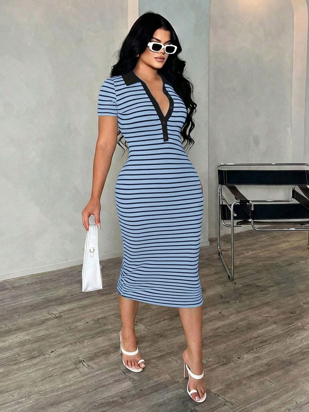 Polo Collar Striped Bodycon Midi Dress