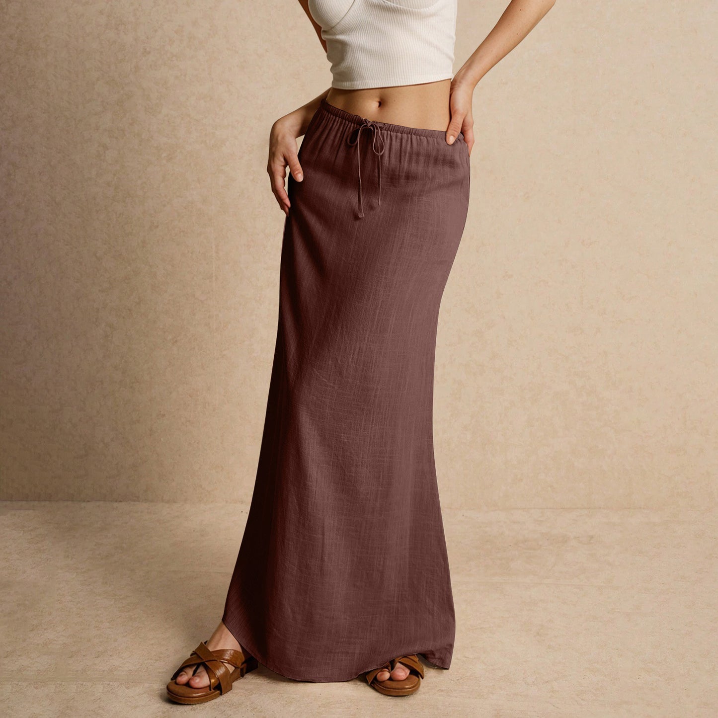 Women's solid-color drawstring elastic waist mid-length skirt