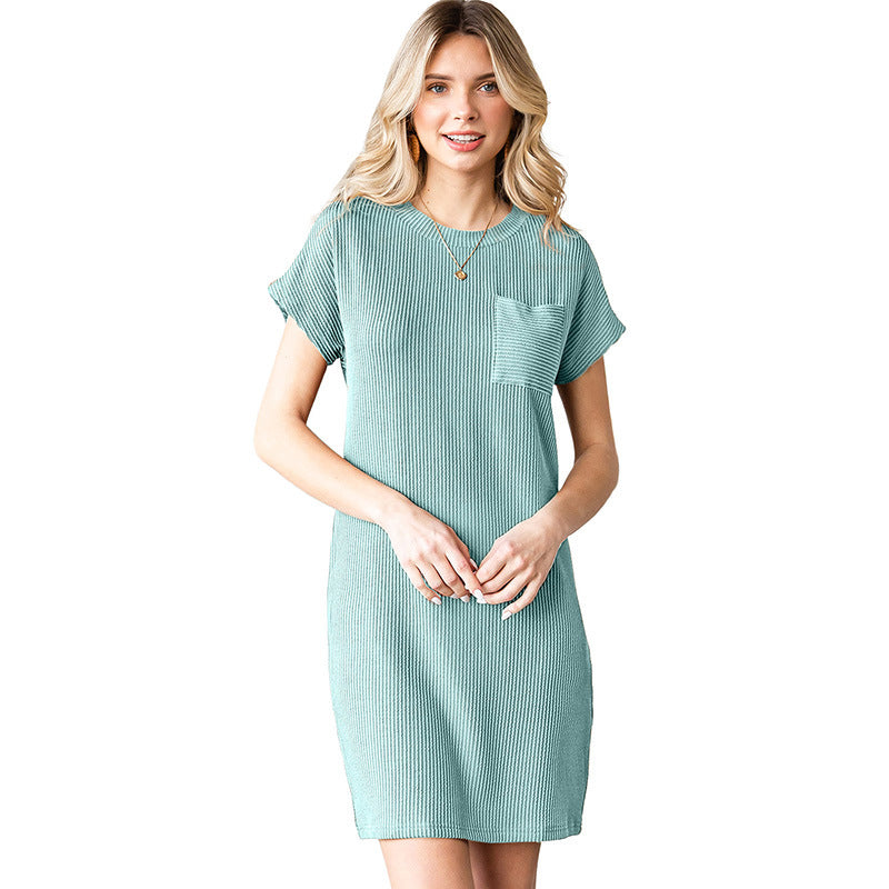 Striped Knee-length Knitted Dress with Pocket for Women