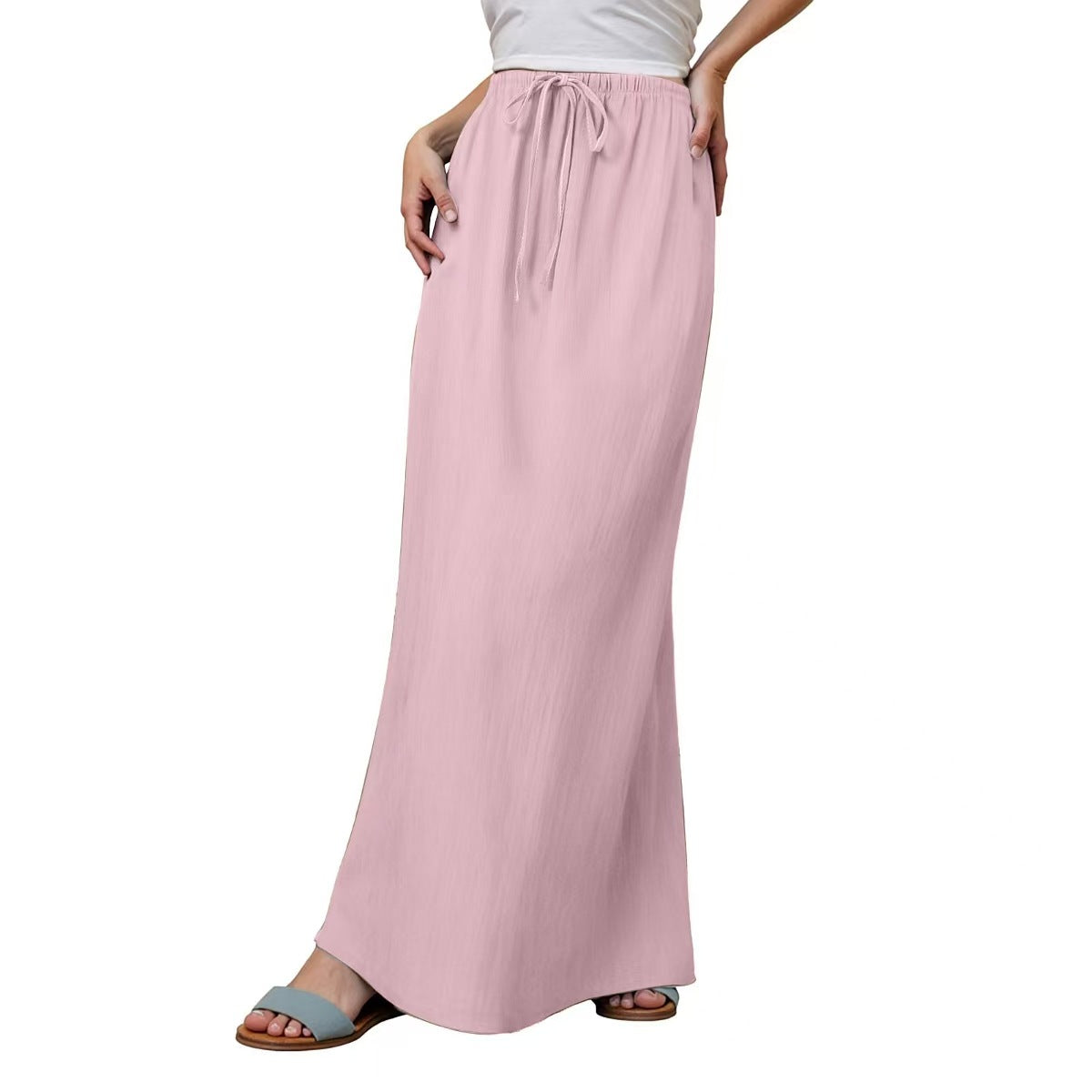 Women's solid-color drawstring elastic waist mid-length skirt