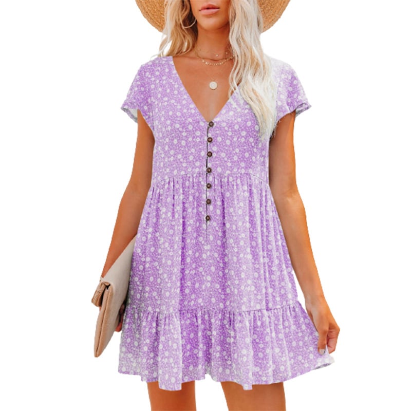 V-neck button small floral short-sleeved dress