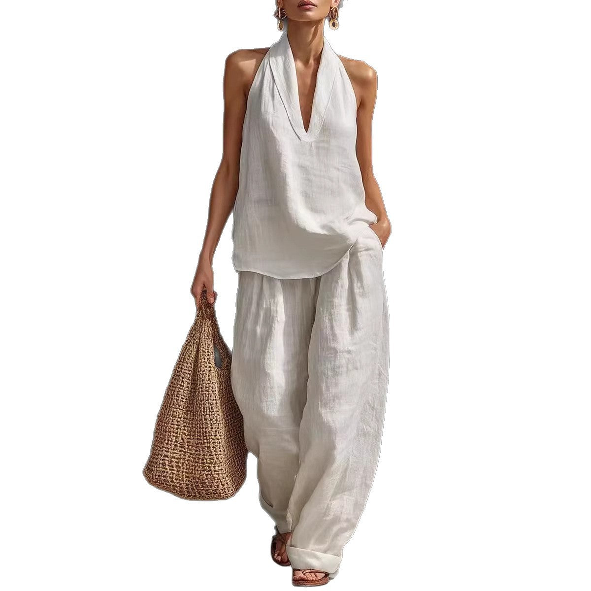 Womens Halter Neck Sleeveless Casual Two-Piece Set